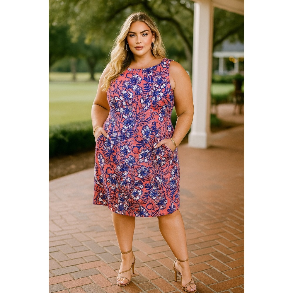 Talbots Coral and Navy Floral Midi Dress